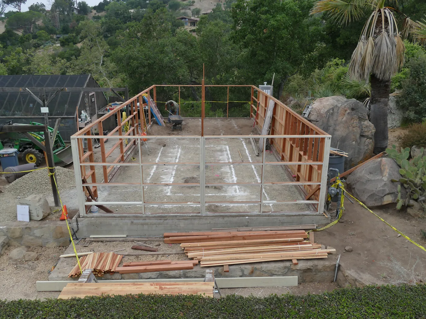 Garden Growers Lath House during repairs, looking west from Coutyard