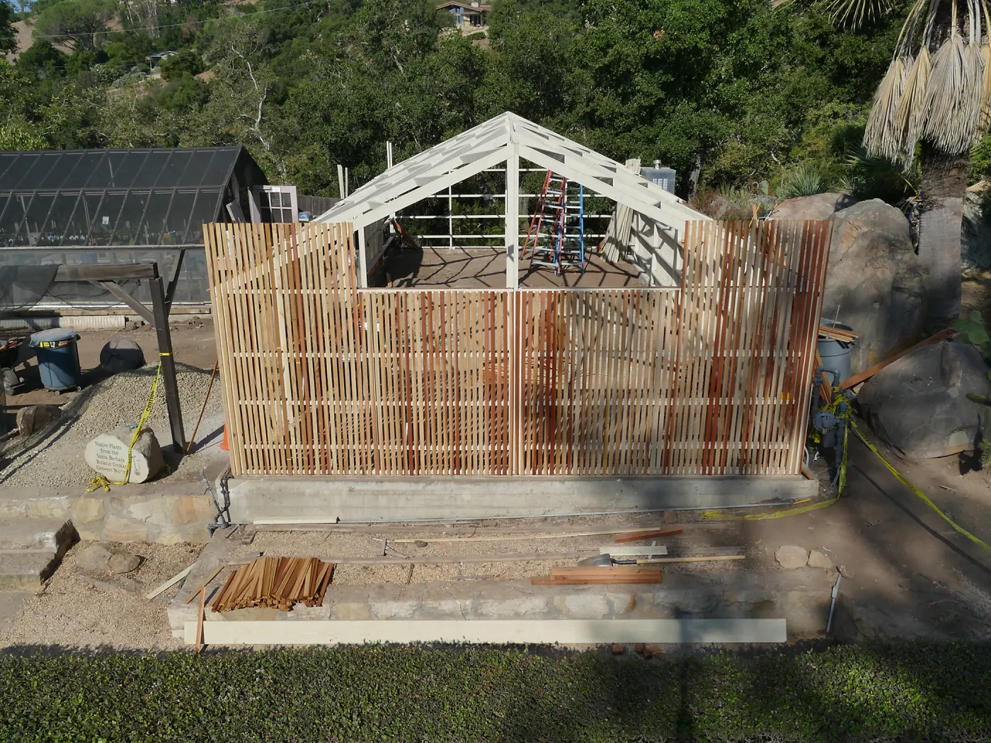 Garden Growers Lath House during repairs, looking west from Coutyard