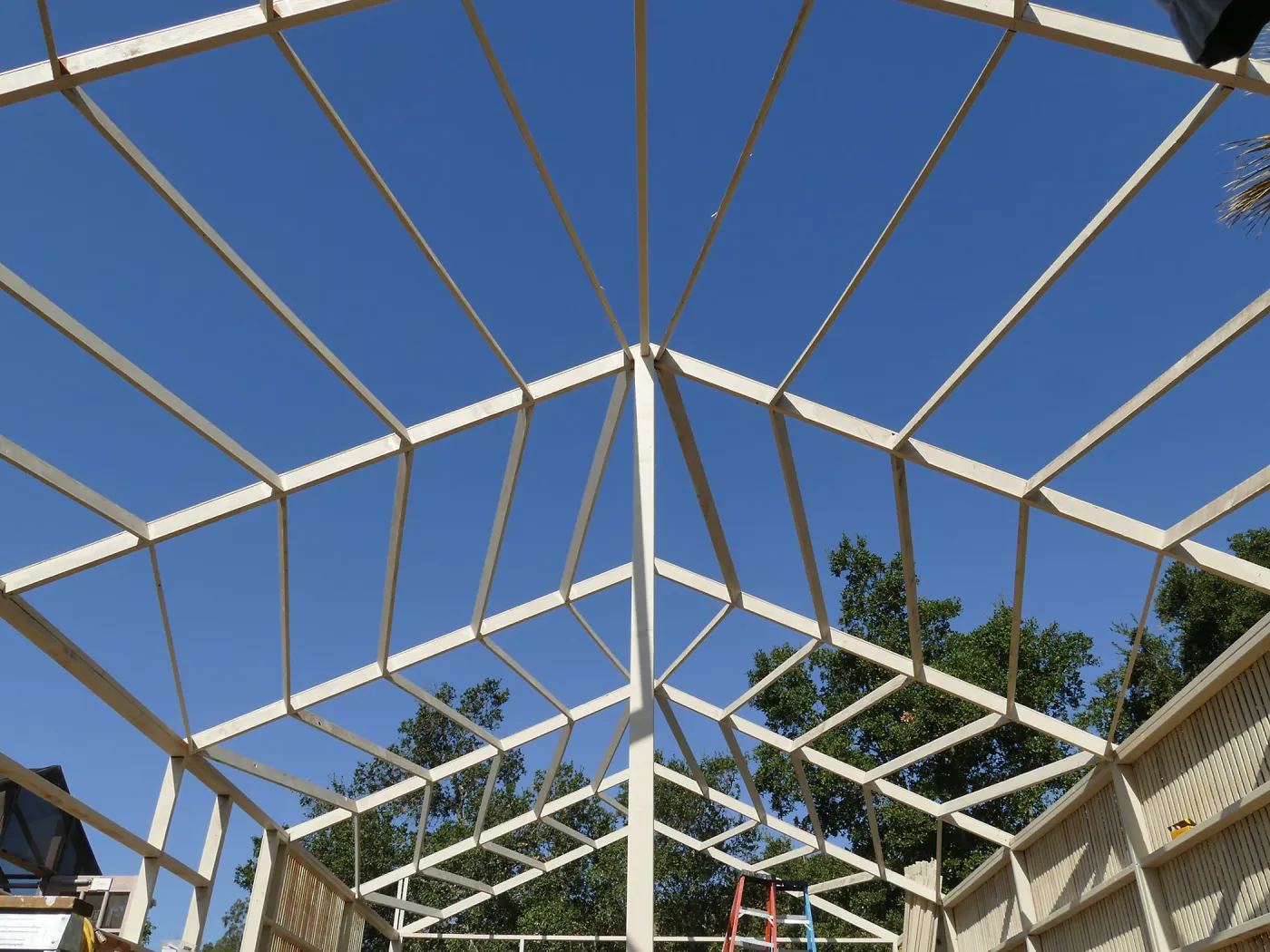 Garden Growers Lath House during repairs, roof framing looking west from interior