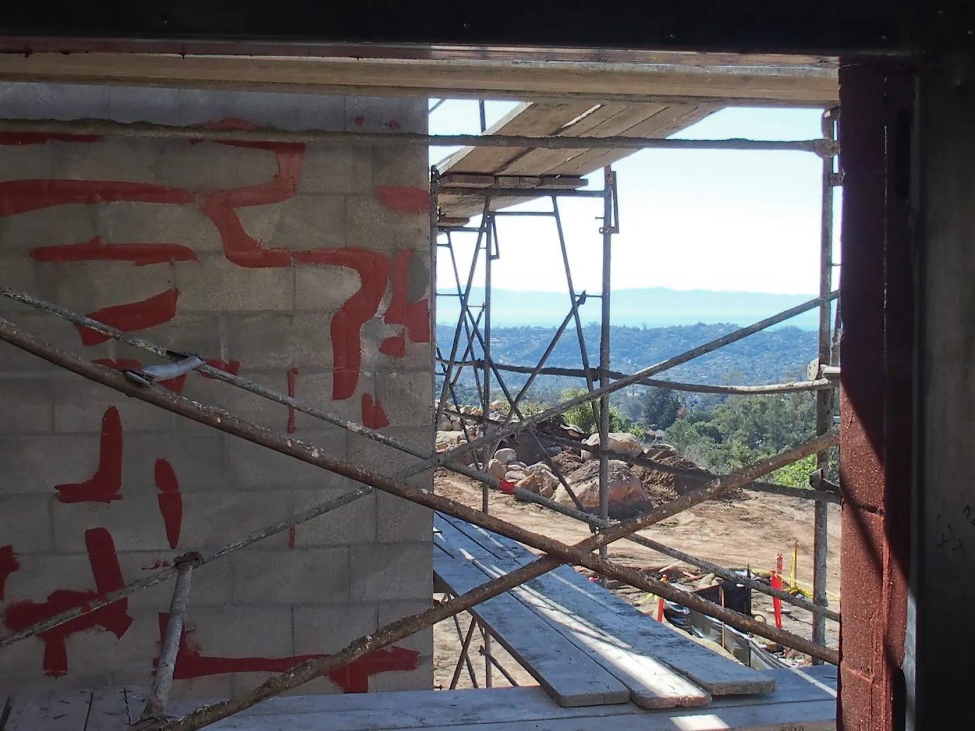 Pritzlaff Conservation Center construction, looking sounth across main entrance from second floor window opening