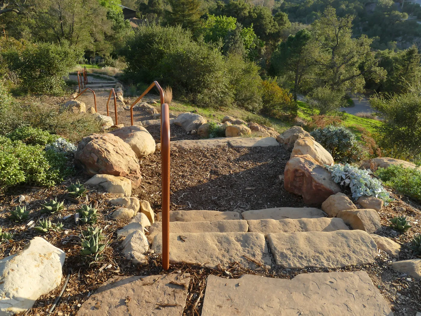 New railing at Island View Garden south steps, view from top