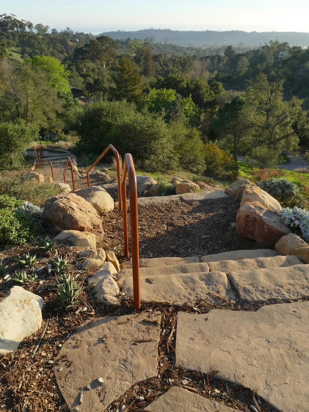New railing at Island View Garden south steps, view from top
