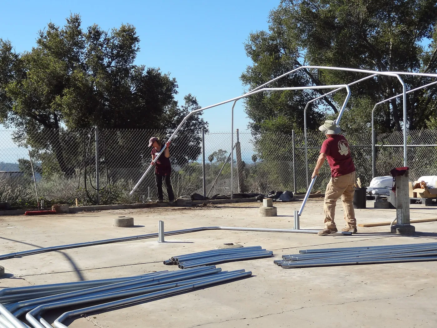 Construction at the Hort Unit, SBBG staff install the new shade structure, Heather Wehnau, Dave Kershaw