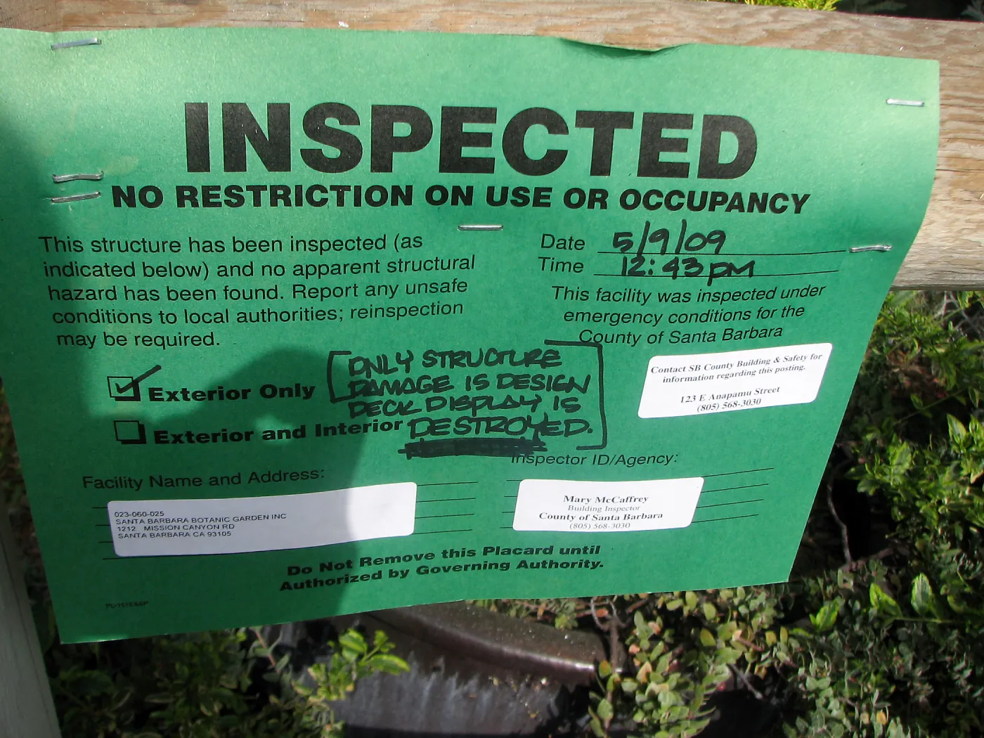 Inspection notice after Jesusita Fire