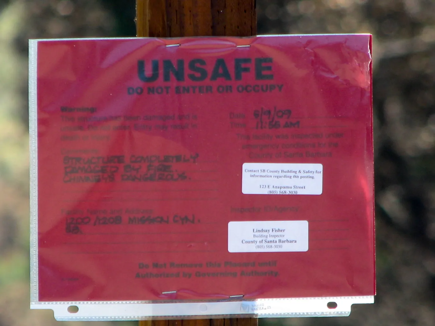 Inspection notice after Jesusita Fire