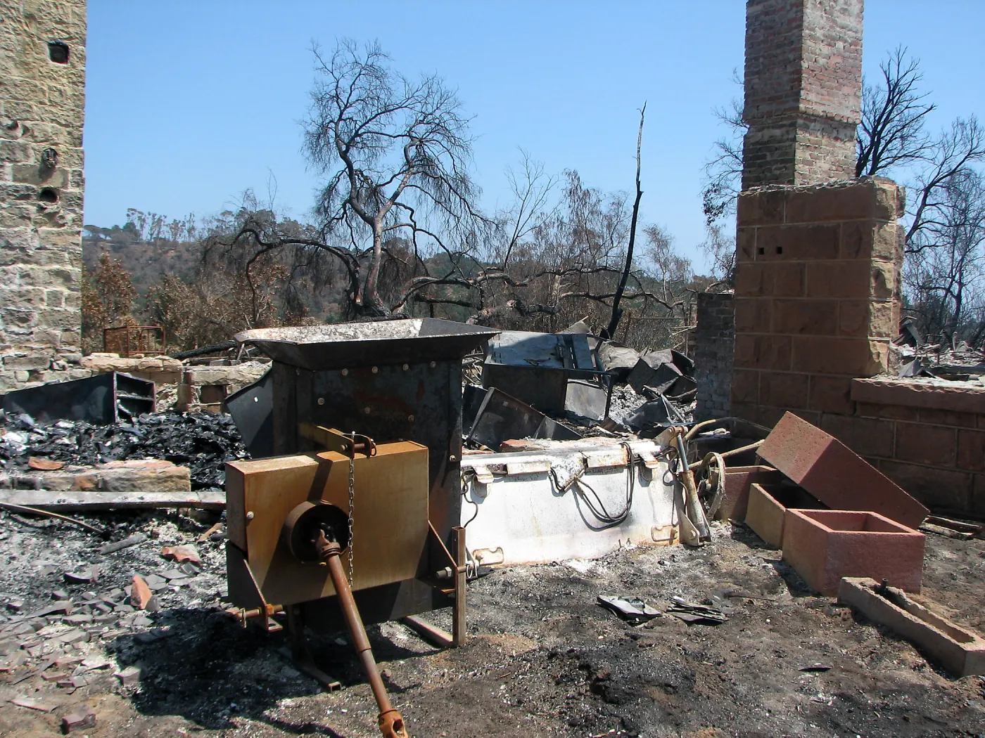 Burned Garden equipment at Gane House after Jesusita Fire