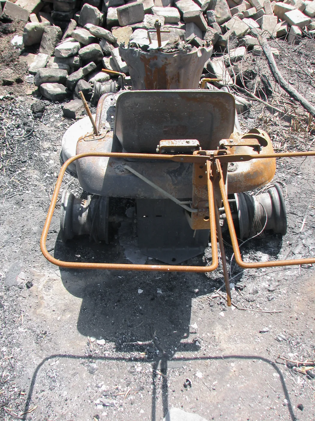 Burned Garden equipment at Gane House after Jesusita Fire