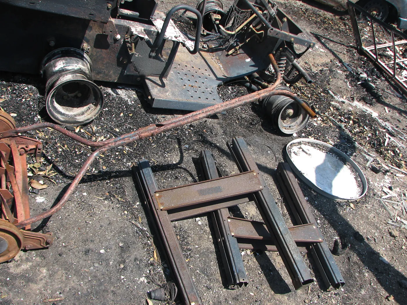Burned Garden equipment at Gane House after Jesusita Fire