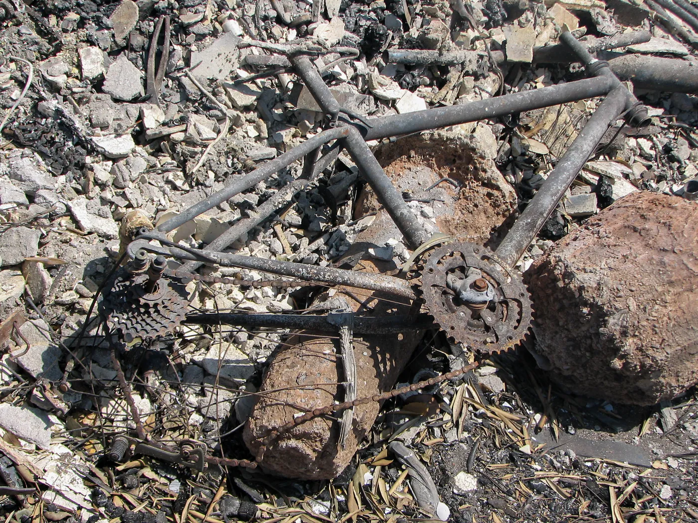 Burned bicycle at Gane House site after Jesusita Fire