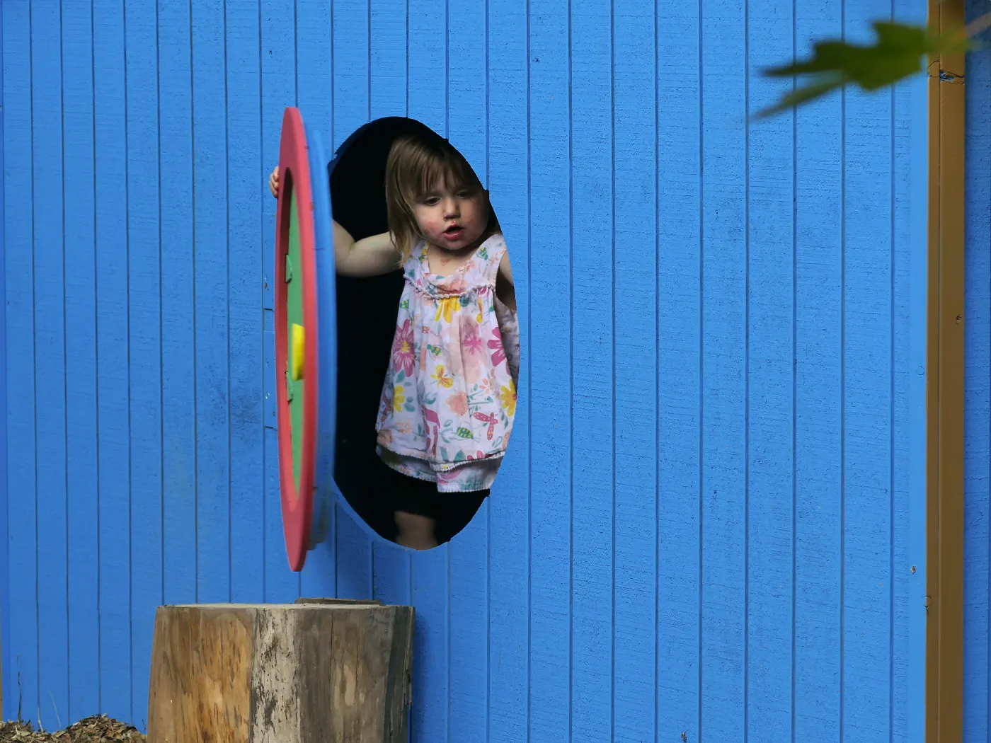 Santa Barbara Botanic Garden Casitas Opening, child playing in the â€œHalfling Houseâ€ Casita