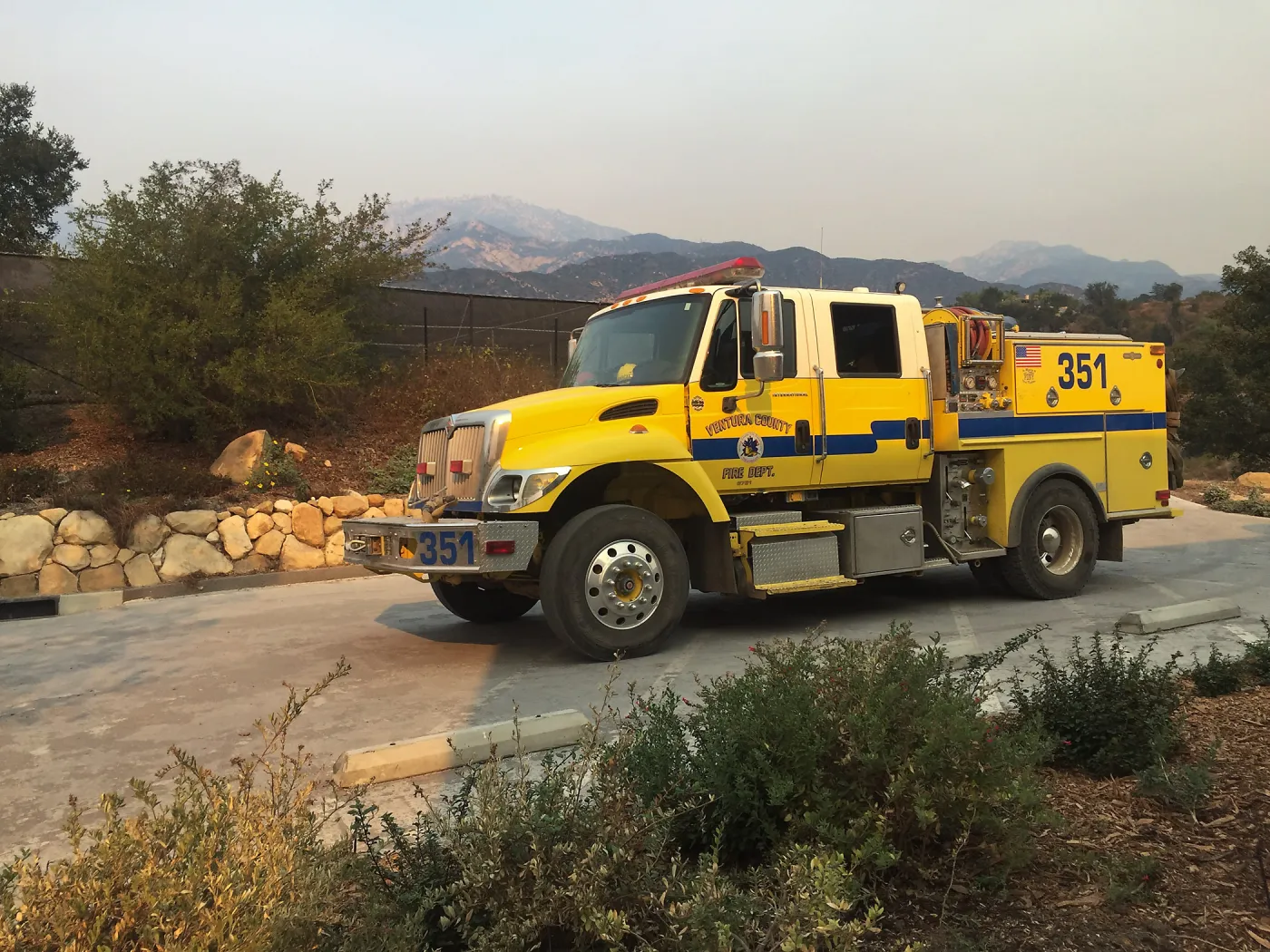 Fire trucks stationed at SBBG during the Thomas Fire