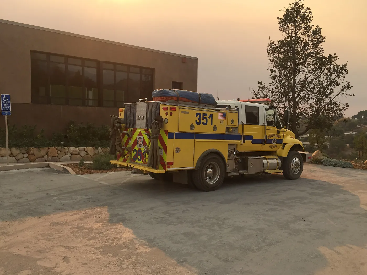 Fire trucks stationed at SBBG during the Thomas Fire