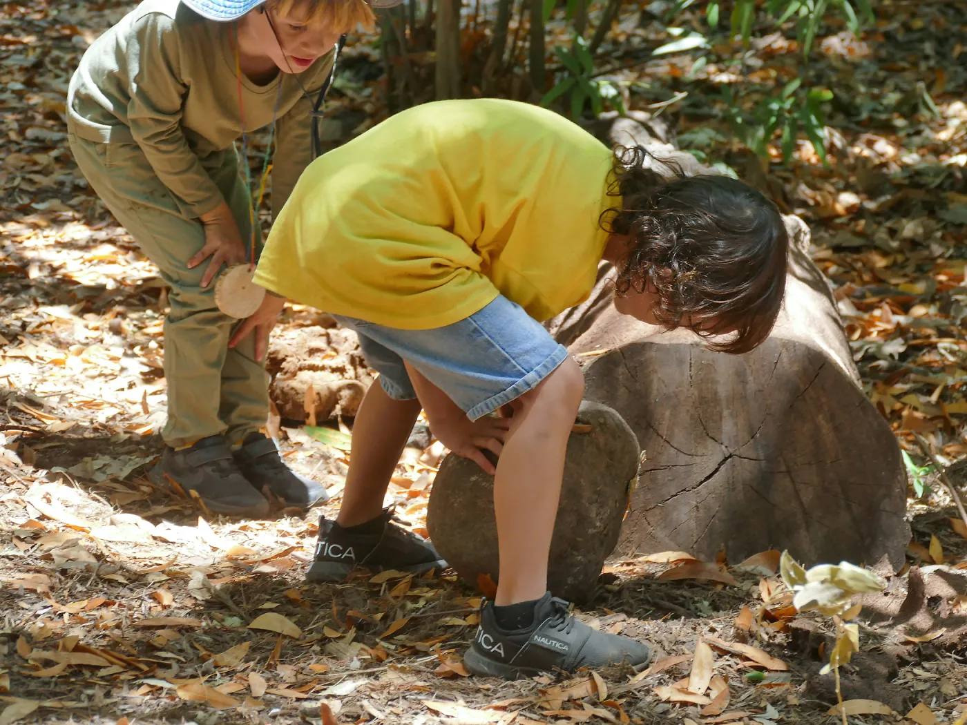 Acorn Adventurers Summer Campers looking under rocks