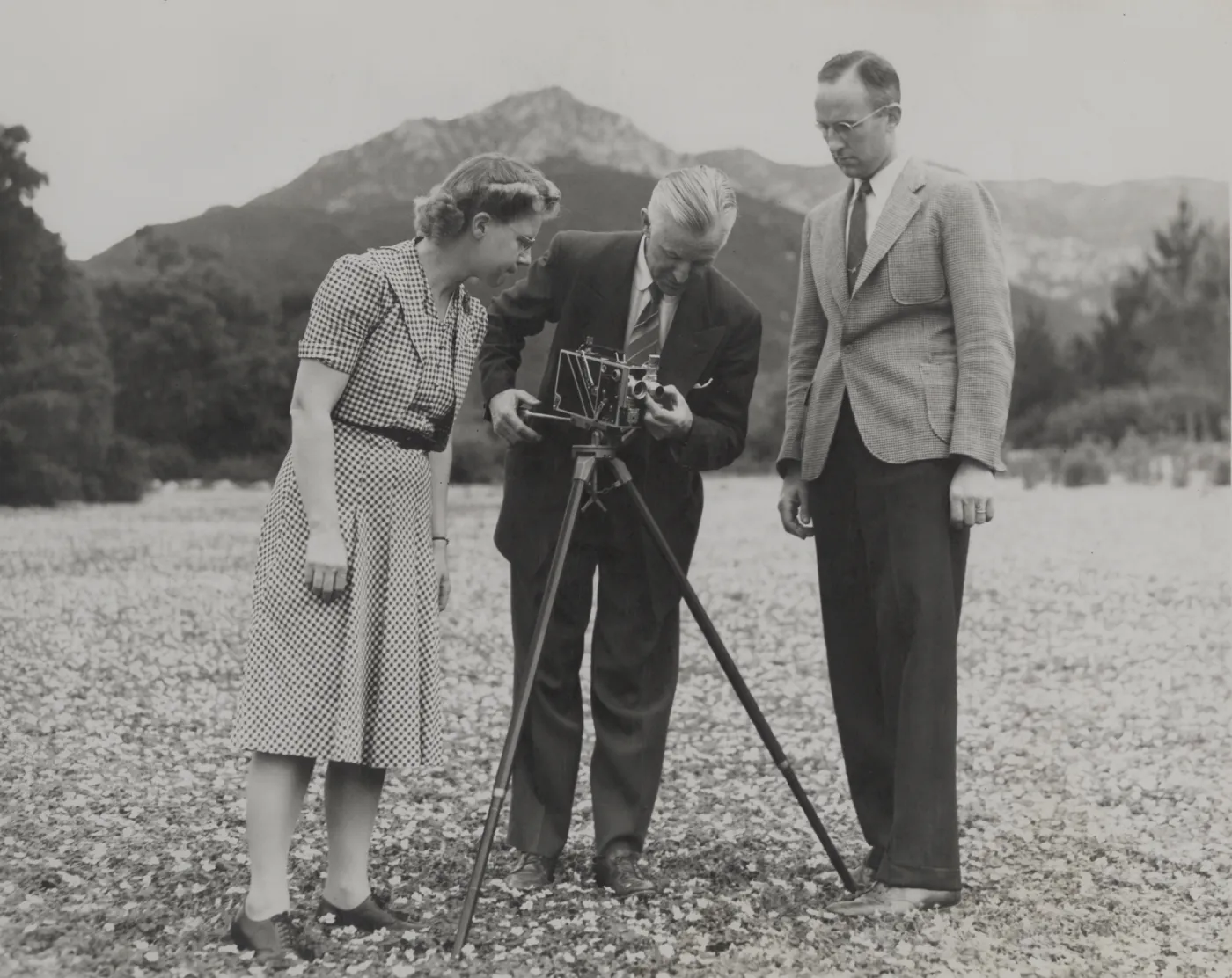 Dr. Mary Erickson, C.A. Harwell, Dr. F.T. Addicott, photographer in the Strawberry Meadow, SBBG