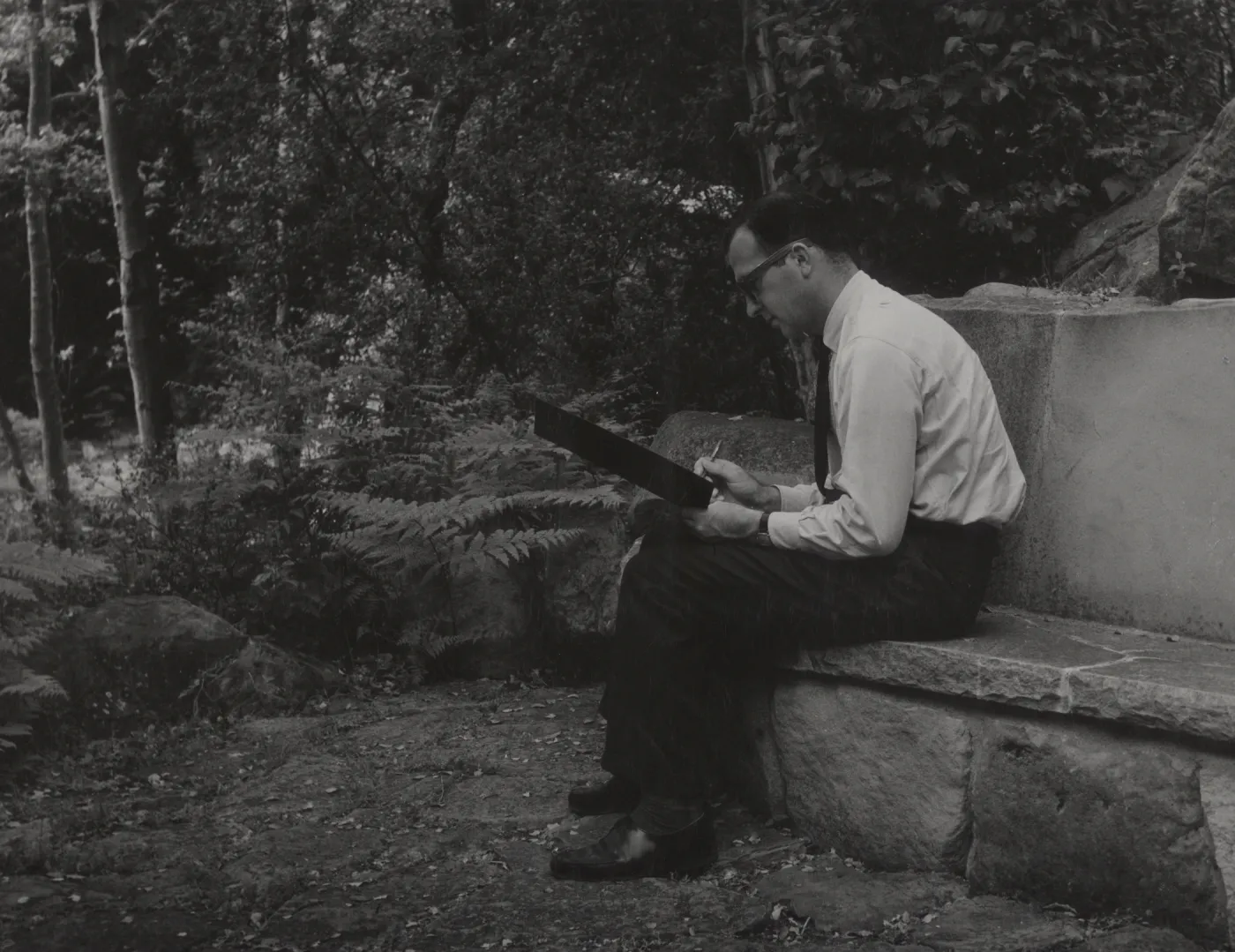 Visitor on Campbell Bench, SBBG, stone bench