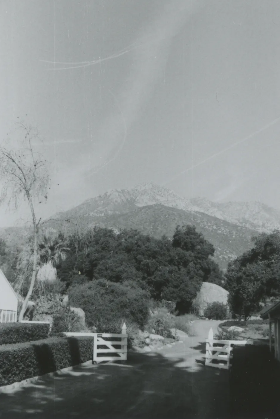 mountain view across the courtyard from the Blaksley Library, 1960's