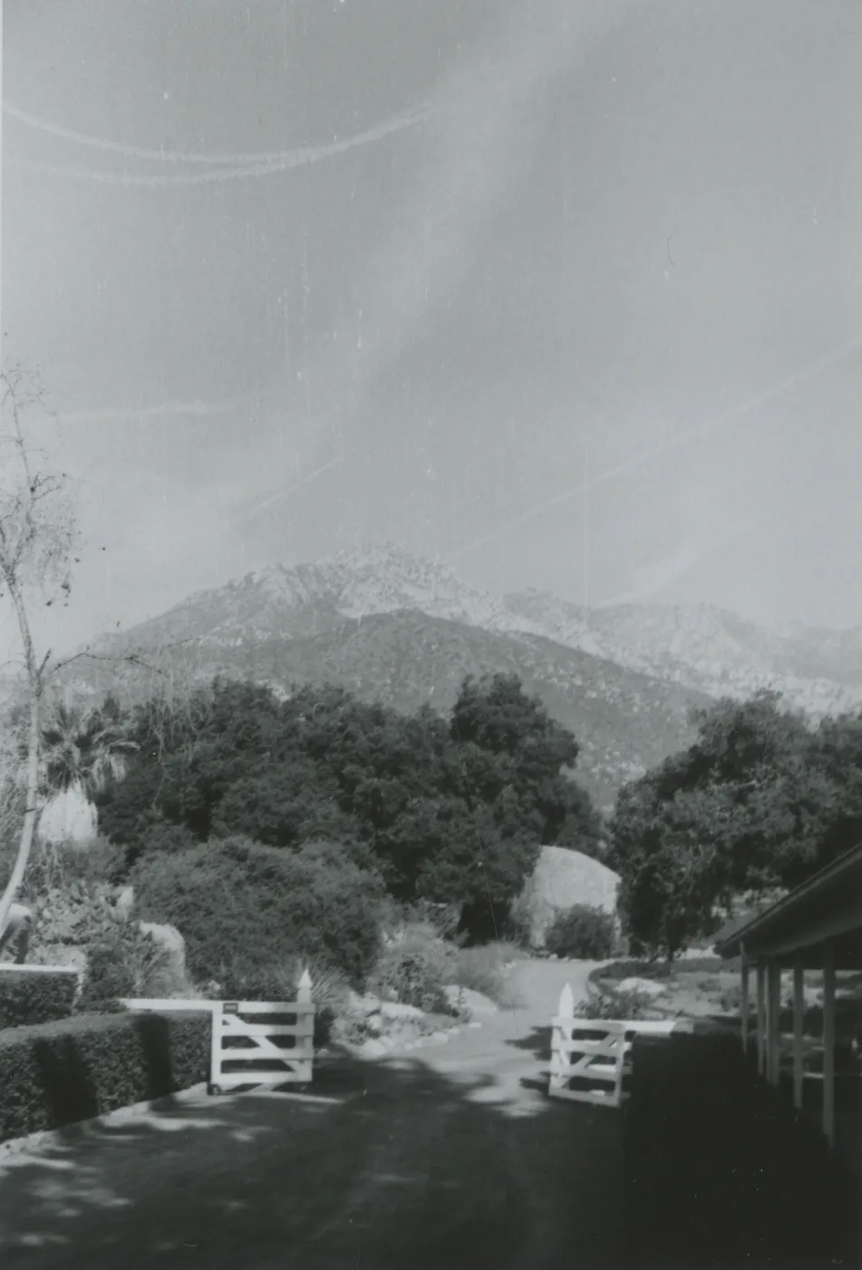 mountain view across the courtyard from the Blaksley Library, 1960's