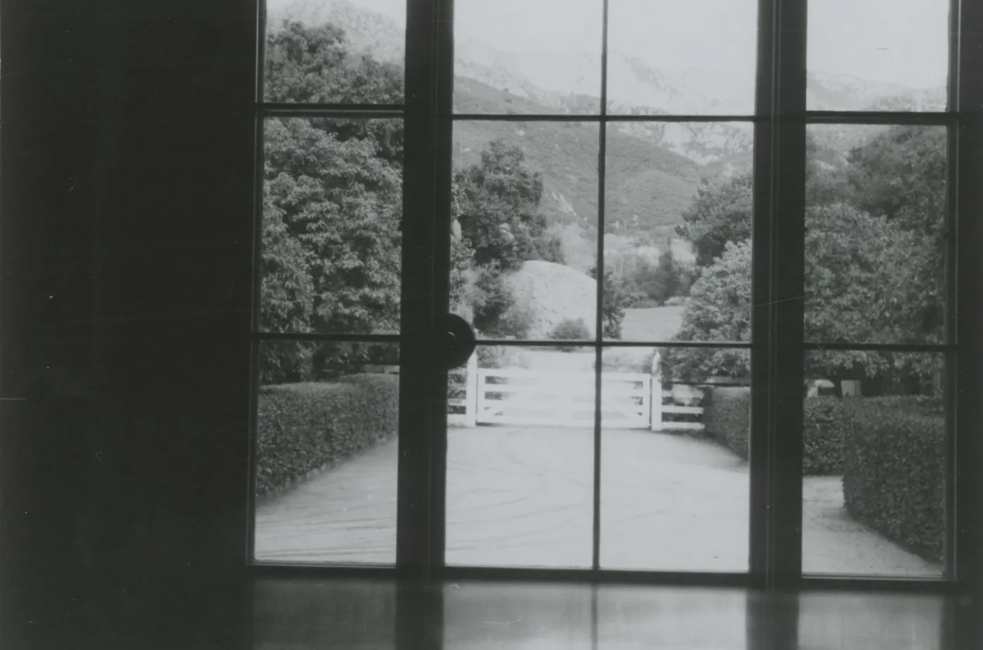 mountain view through the front windows of the Balskley Library