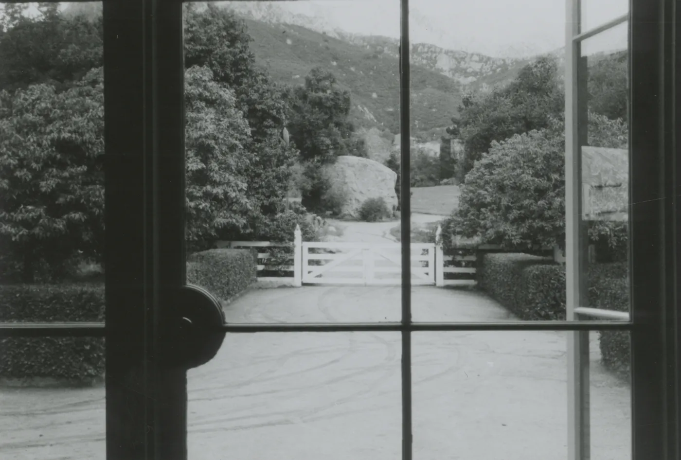mountain view through the front windows of the Balskley Library