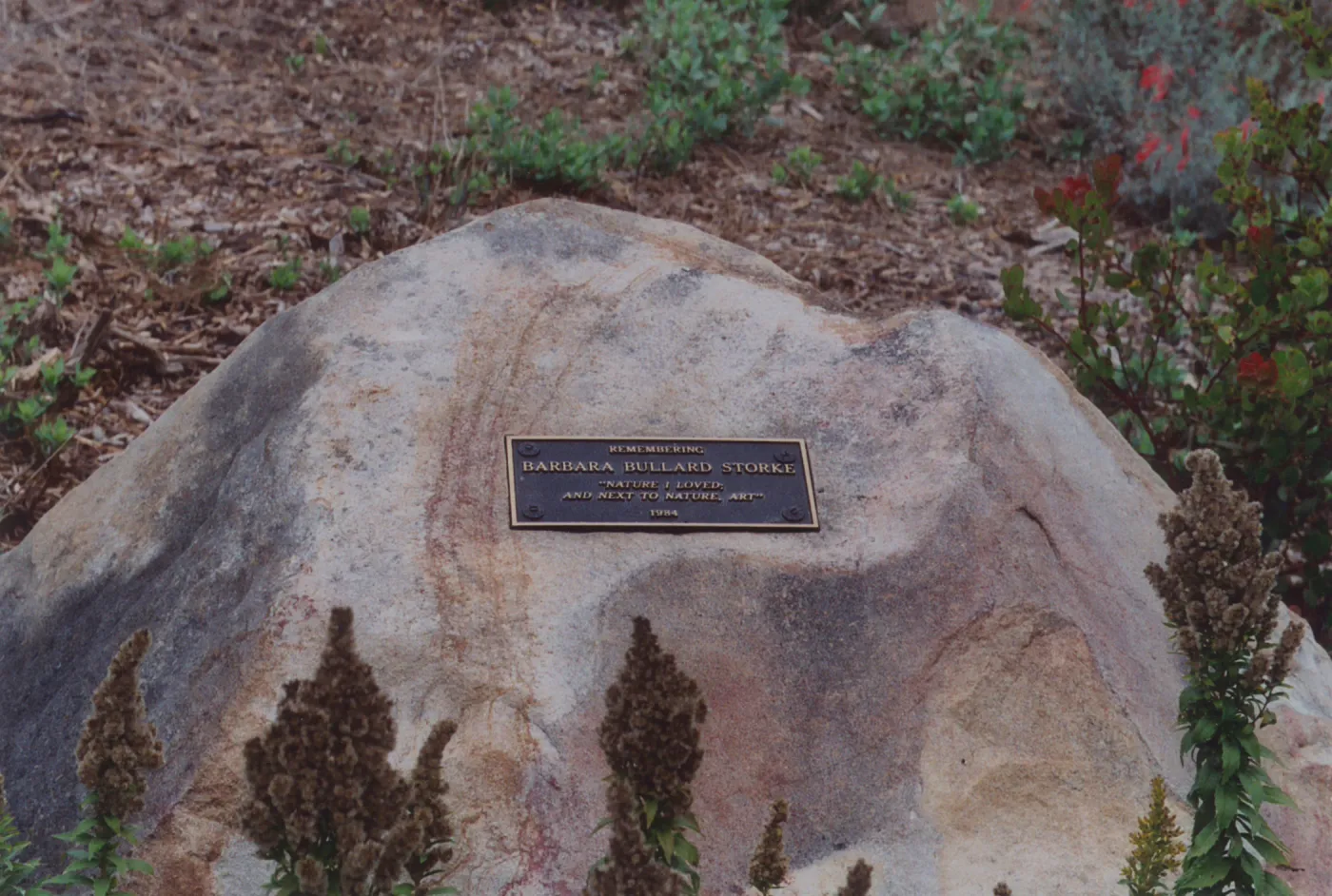 Barbara Bullard Storke Plaque on Boulder, 1984, Porter Trail
