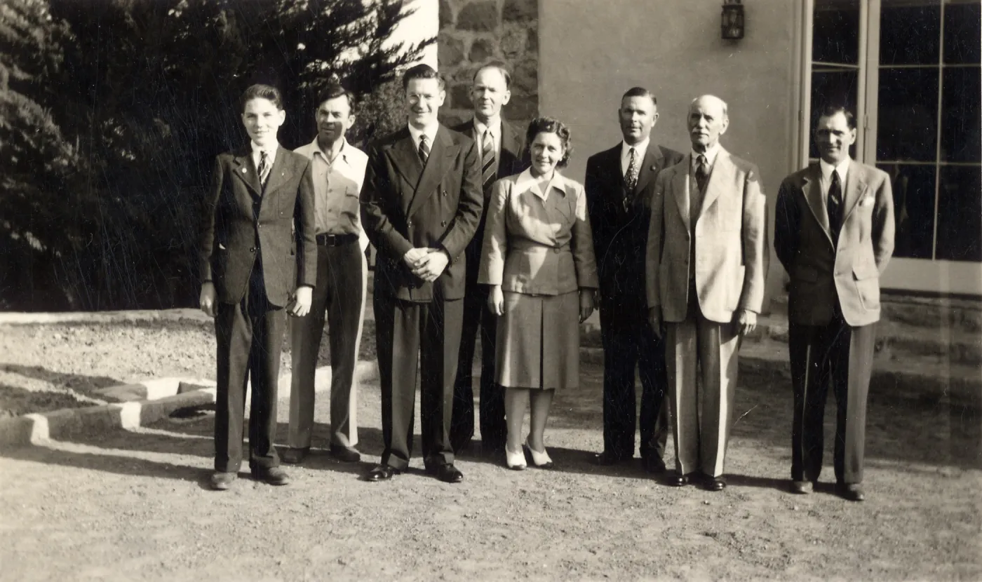 Staff Group Photo - garden party for employees - left to right: Dudley Buck, Alfred Steinart, John Tucker, Holgar Finderup, Mrs. Hannason, M Van Rensselaer