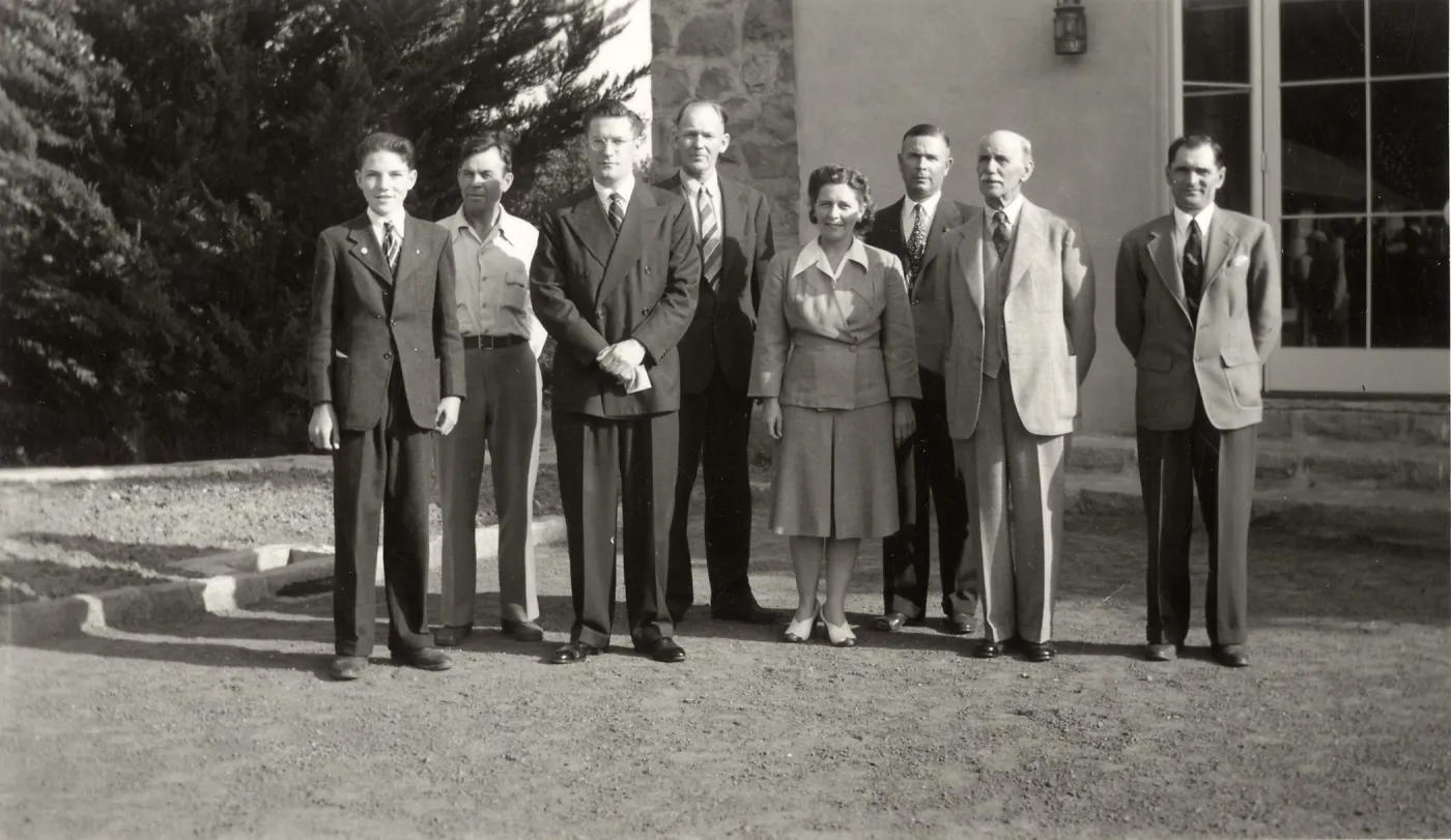 Staff Group Photo - garden party for employees - left to right: Dudley Buck, Alfred Steinart, John Tucker, Holgar Finderup, Mrs. Hannason, M Van Rensselaer