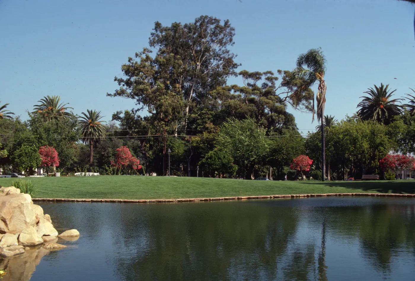 A grassy field lined with trees on the far side of a large, stone-lined pond. 