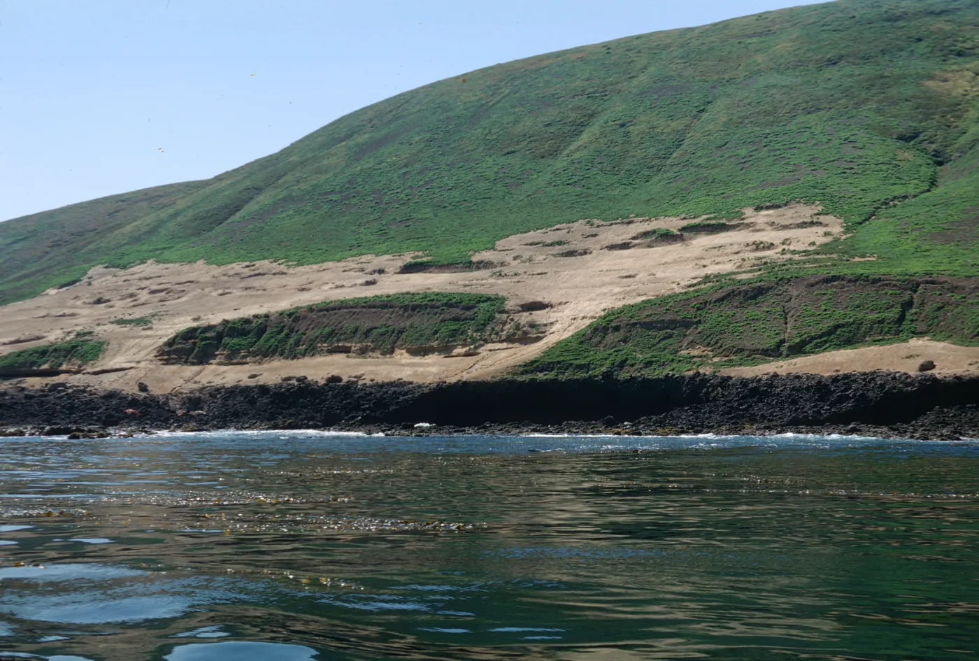 abandoned piniped hauling ground, Santa Barbara Island from boat