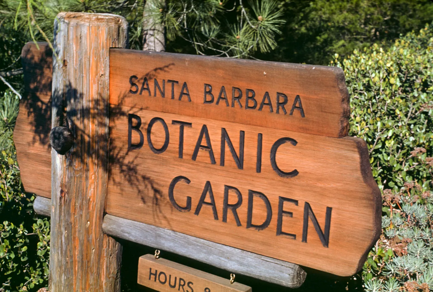 old wood sign at driveway entrance on Mission Canyon Road, Santa Barbara Botanic Garden Sign
