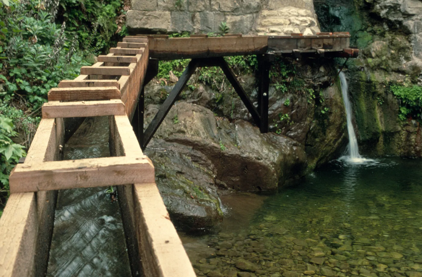 Mission waterworks, redwood flume below the Mission Dam
