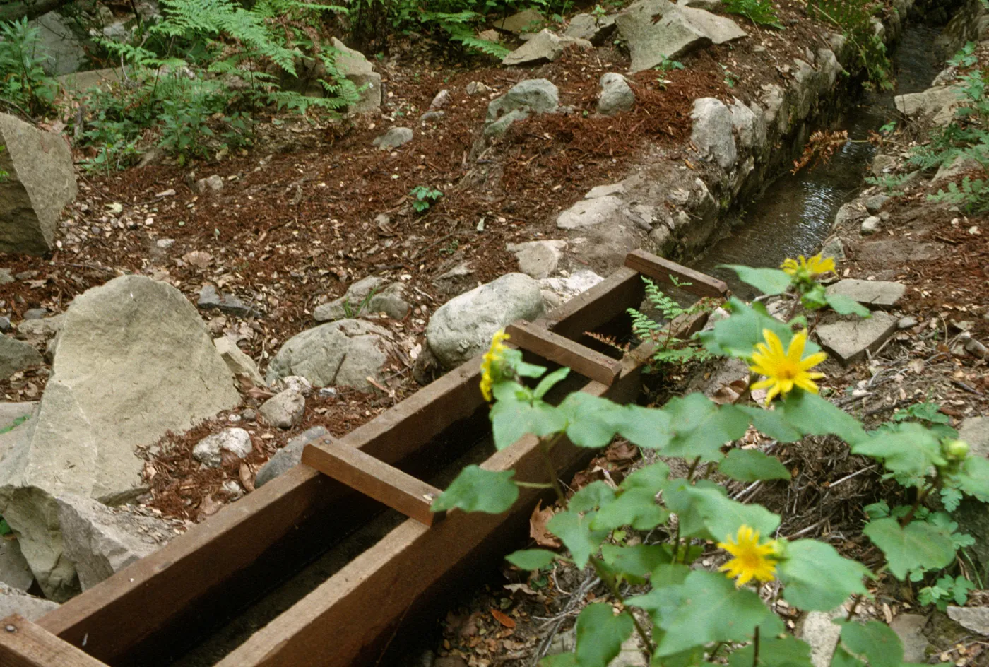 redwood flume at the old stone Mission Aqueduct, Mission waterworks