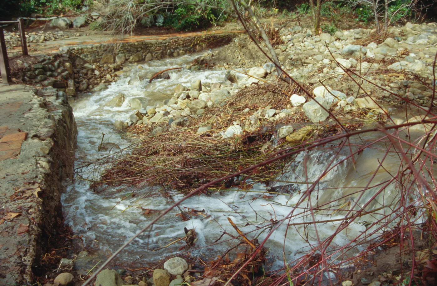 Mission Creek at flood stage, above the Mission Dam
