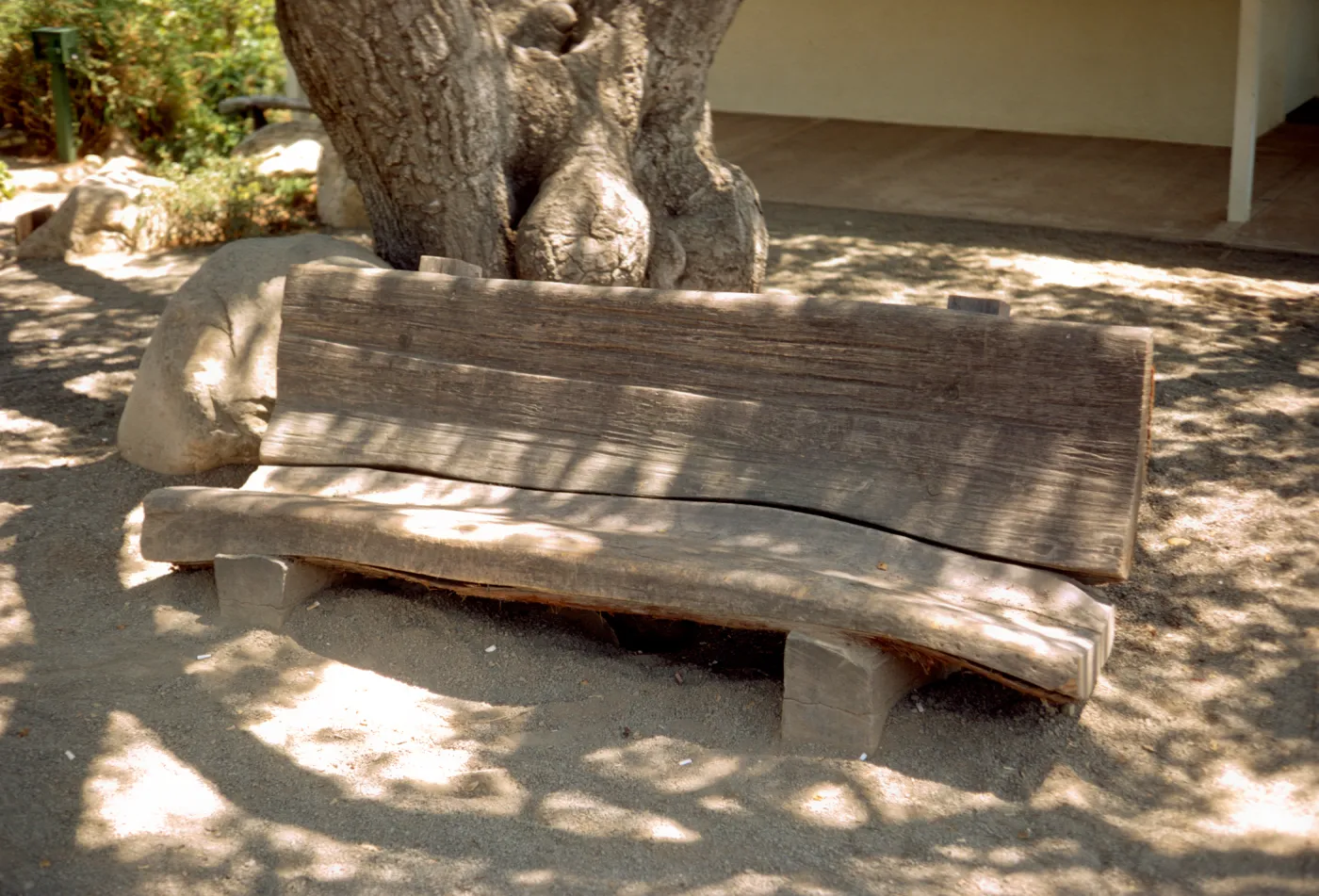 redwood bench under entrance oak, no pavers