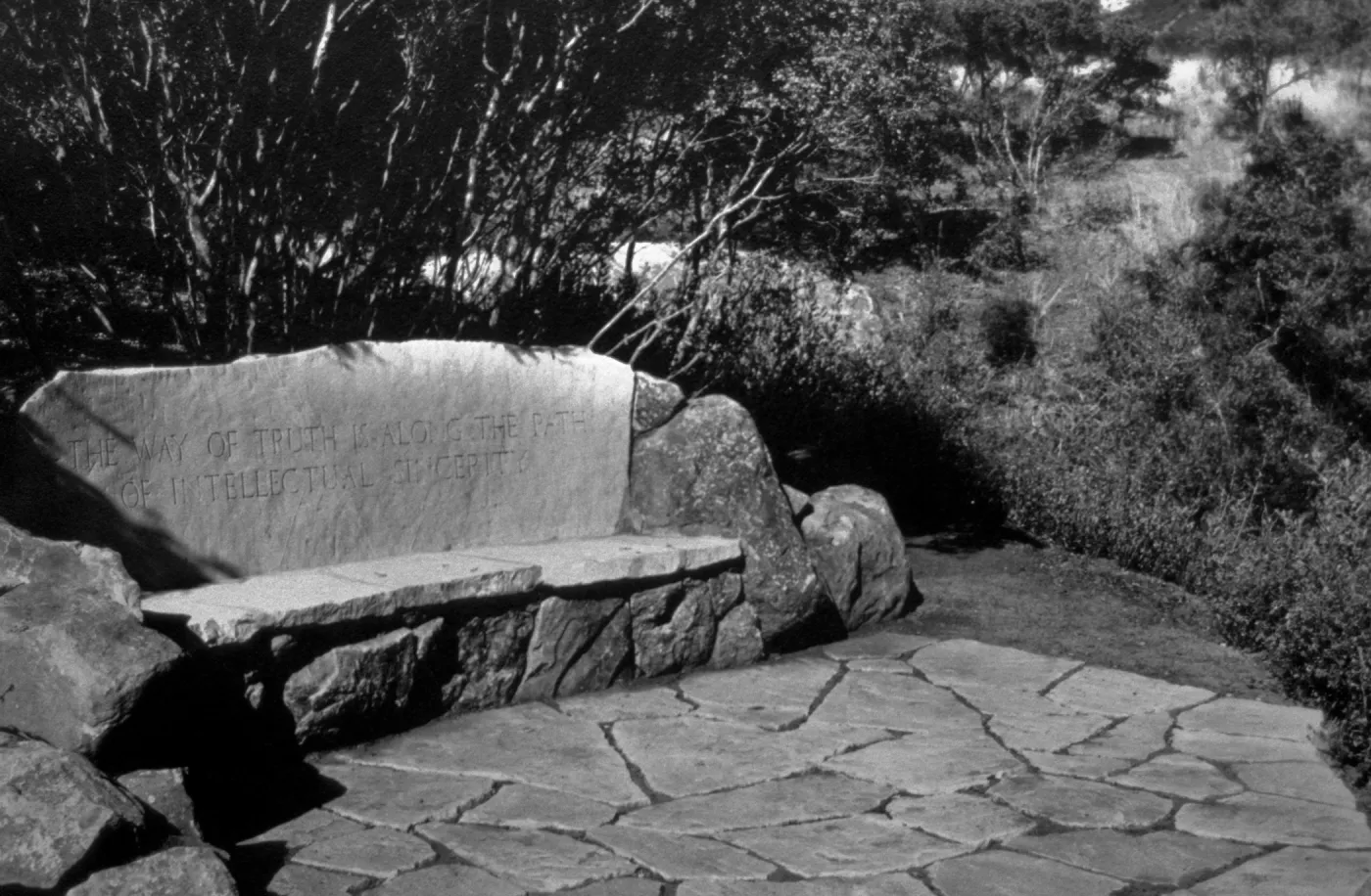 Pritchett Bench, stone bench on Pritchett Trail, (black and white)