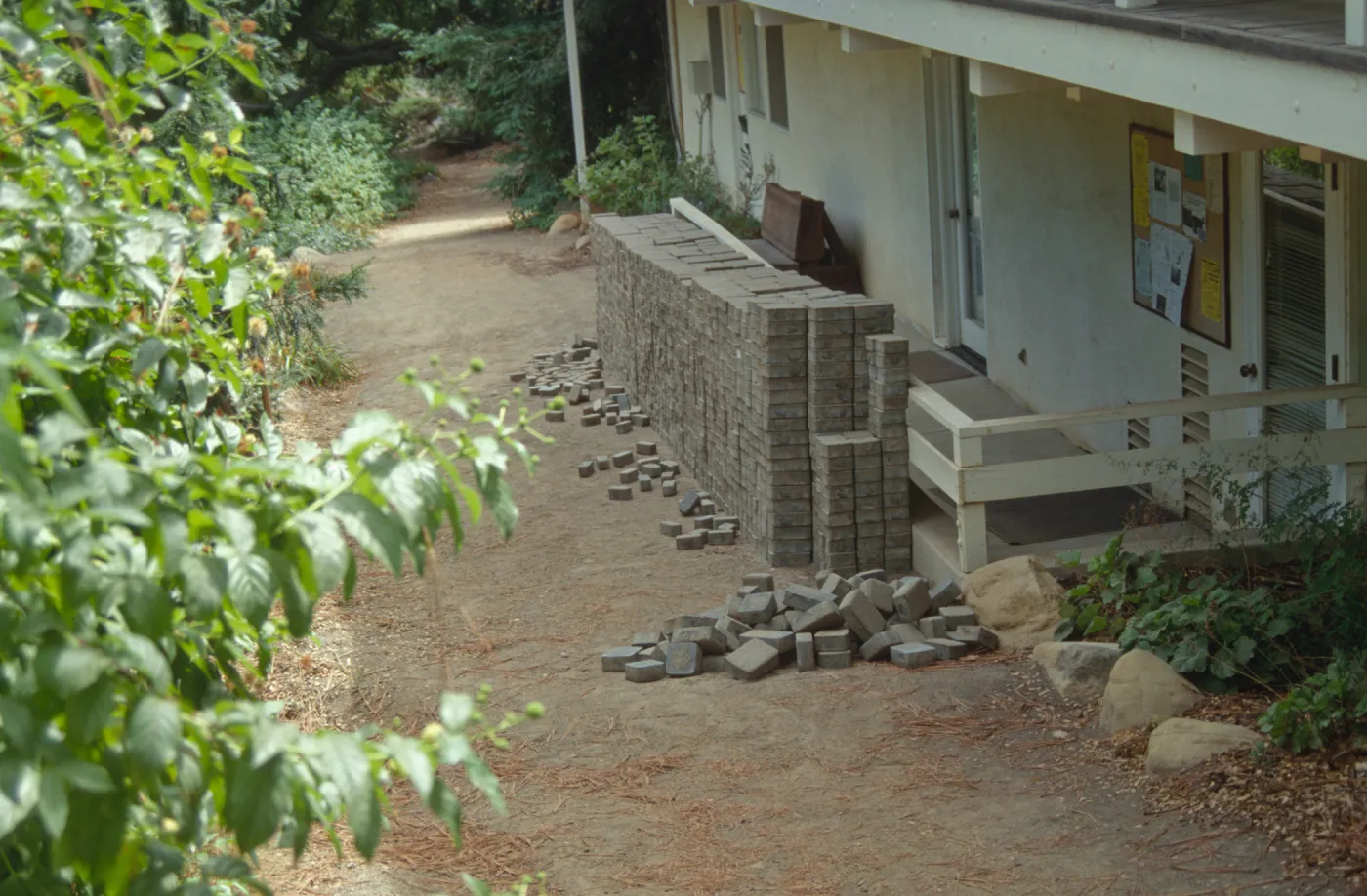 pavers stacked for installation in the Arroyo, along the bottom level of the North Wing