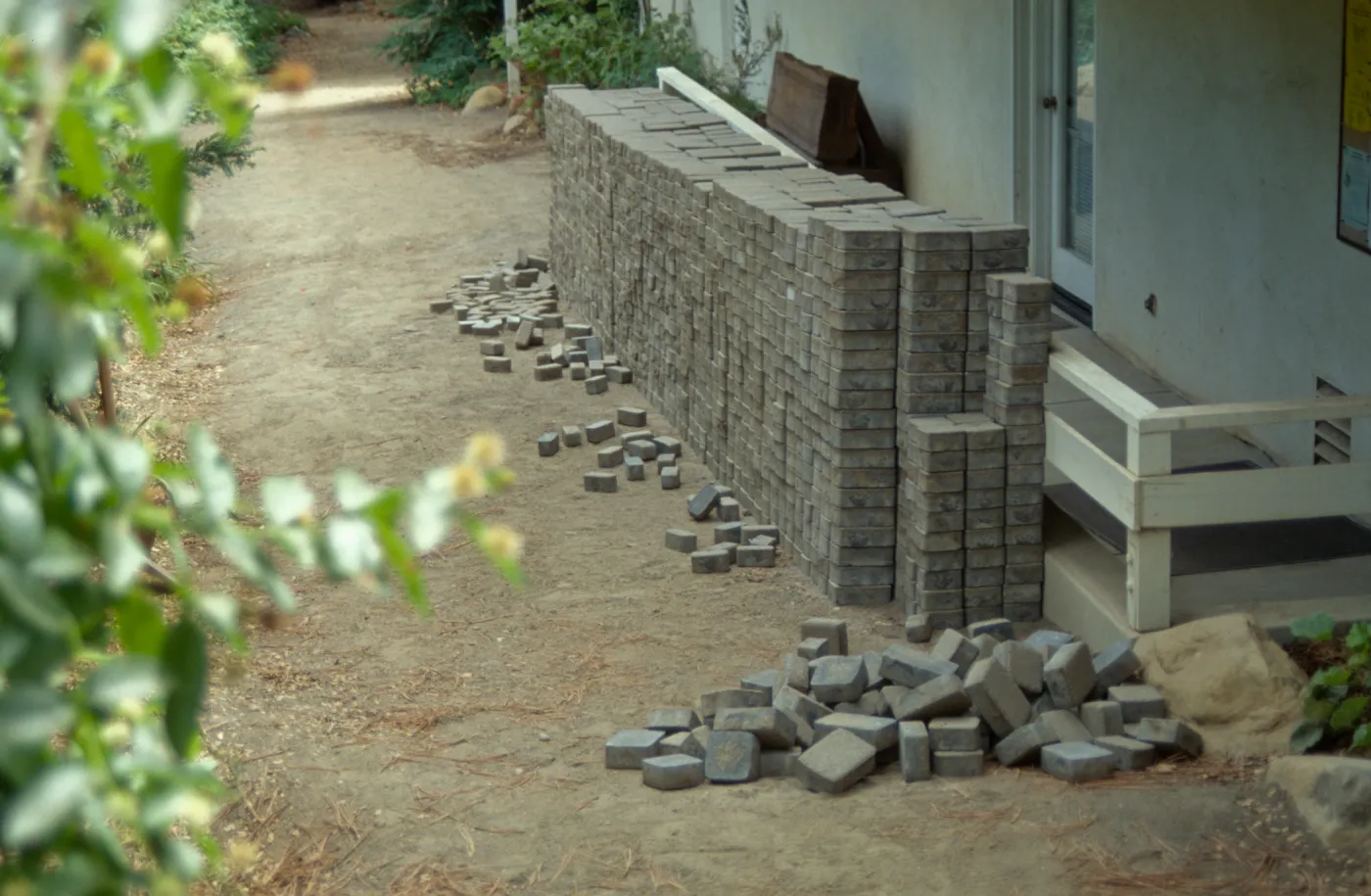 pavers stacked for installation in the Arroyo, along the bottom level of the North Wing