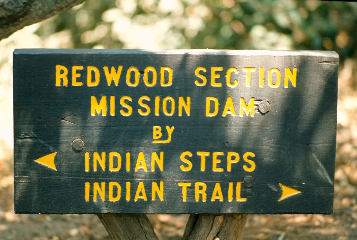 wood directional sign 'Redwood Section, Mission Dam, Indian Steps, Indian Trail' Sign