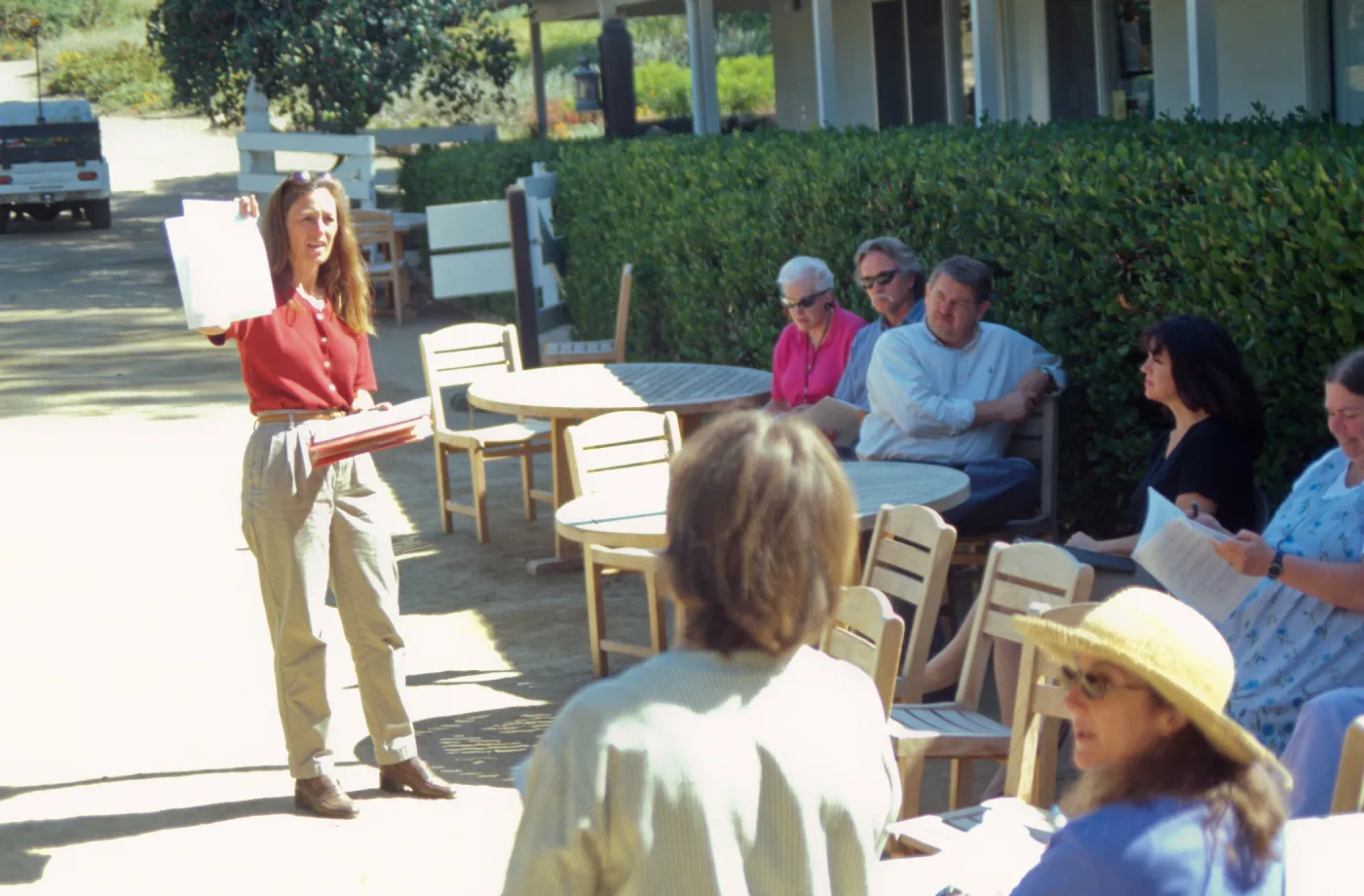 Lisa Lewis leads the SBBG staff emergency preparation exercise, Courtyard