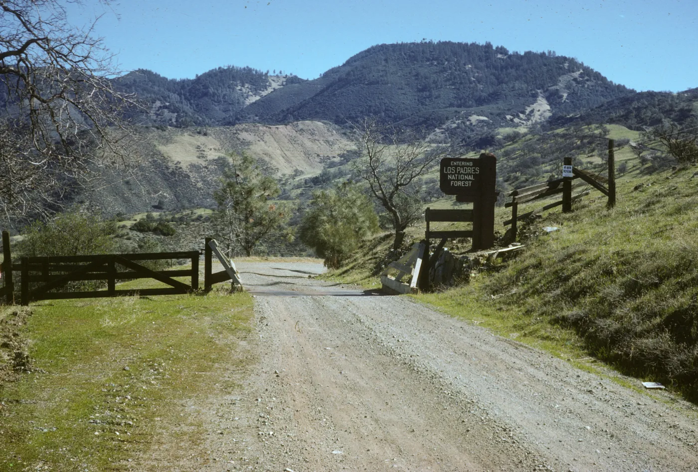 'Entering Los Padres National Forest' sign and gate, Figueroa Mountain