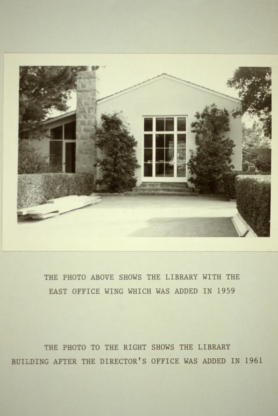 Blaksley Library: 'Library with the east office wing, which was added in 1959, prior to the addition of the west wing (Director's Office0 in 1961'