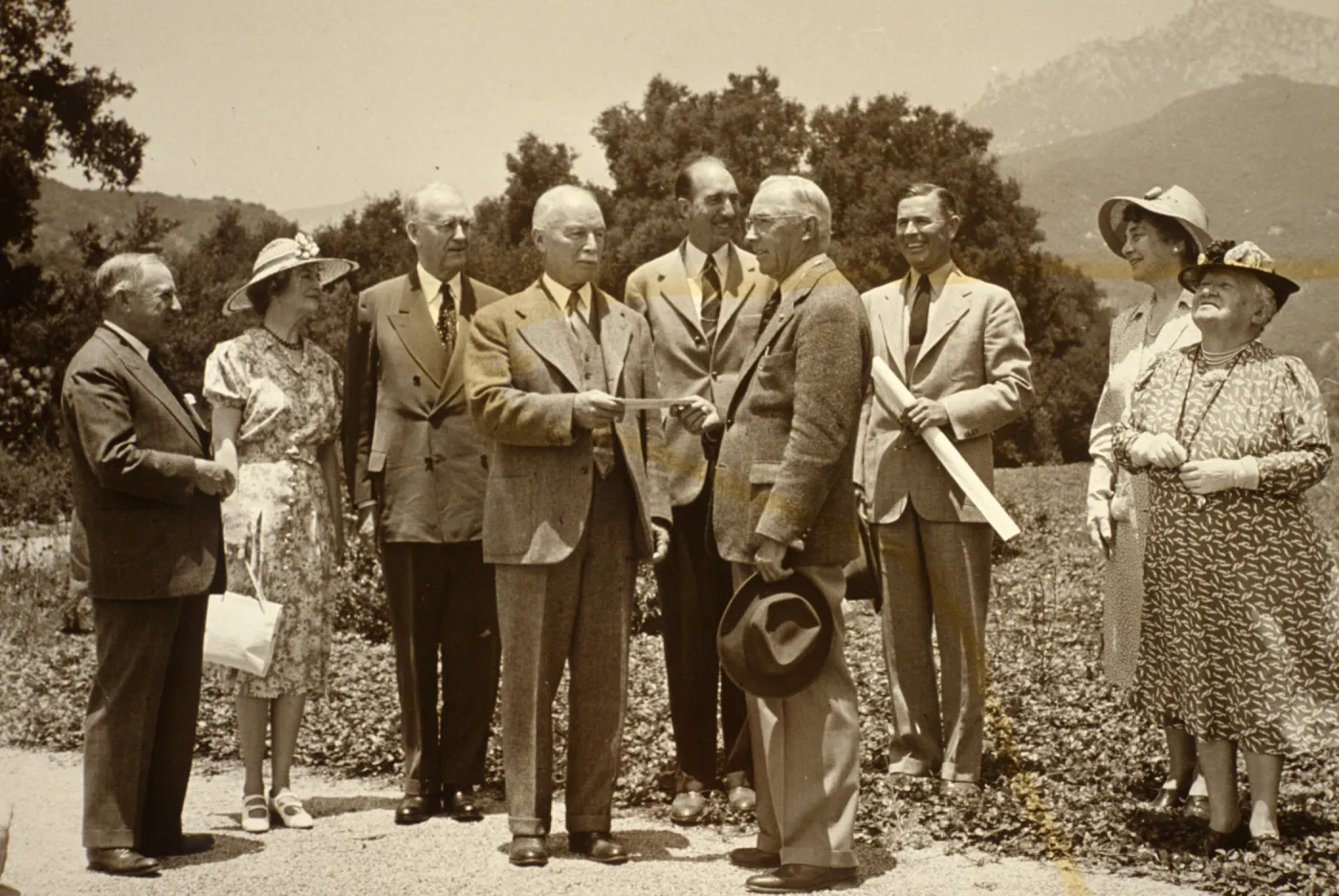 duplicate of PR_01286, Board of Trustees in front of meadow, circa 1940s (see SBBG_ PR_1287)