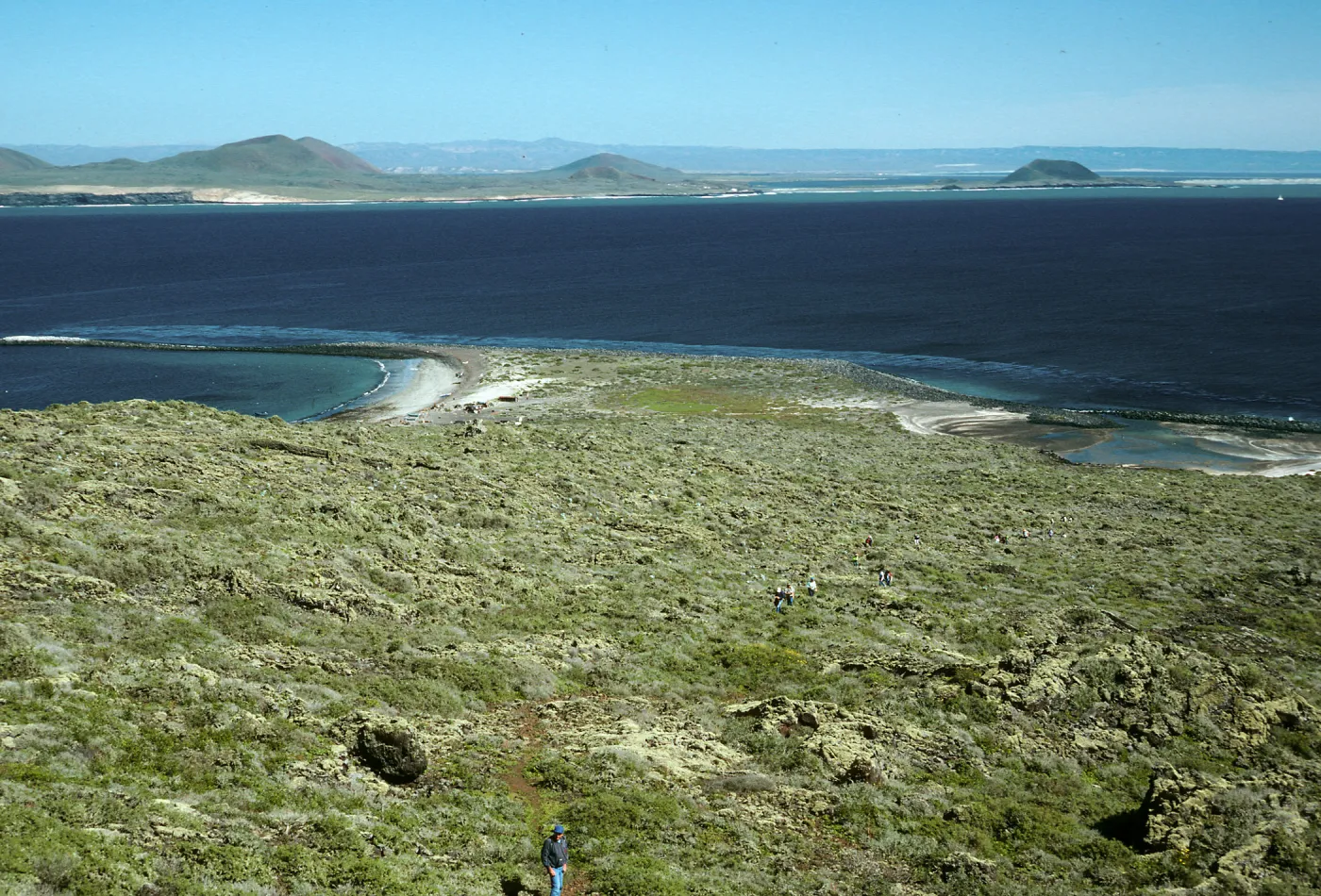 San Martin Island, view of mainland, Hasslers Cove & lagoon from trail to crater