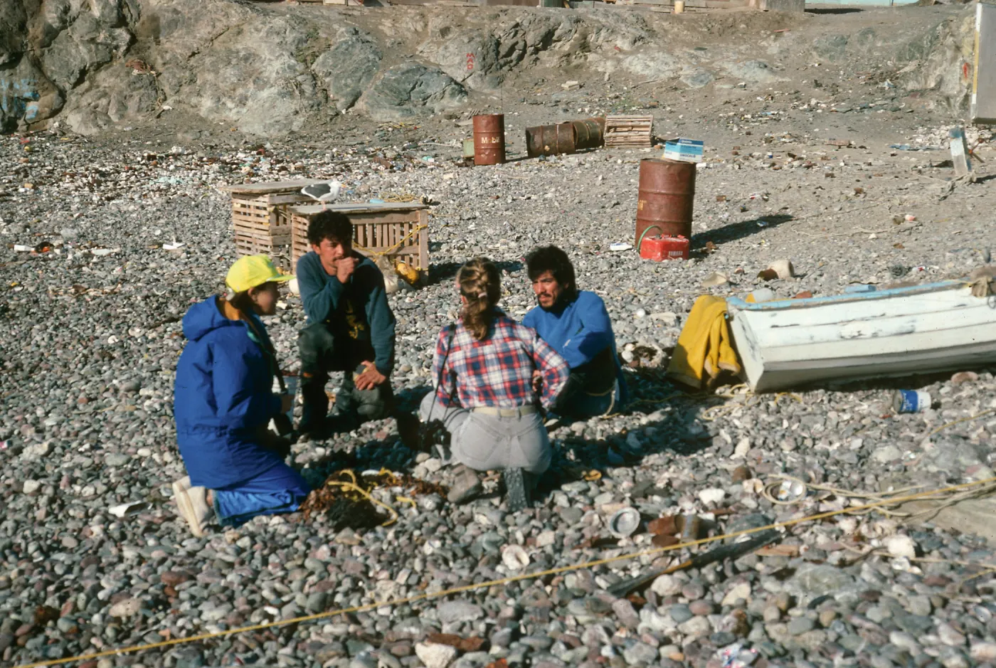 West San Benito Island, Jonna Engel & Debbie Bronson w/fishermen at village