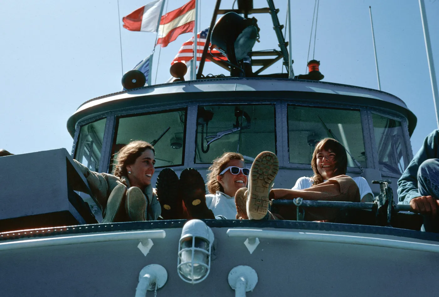 Karen, Janet, Toni, navy boat, Santa Cruz Island