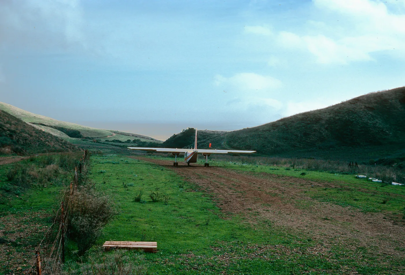 “Islander“  taking off on ranch airstrip, Santa Cruz Island