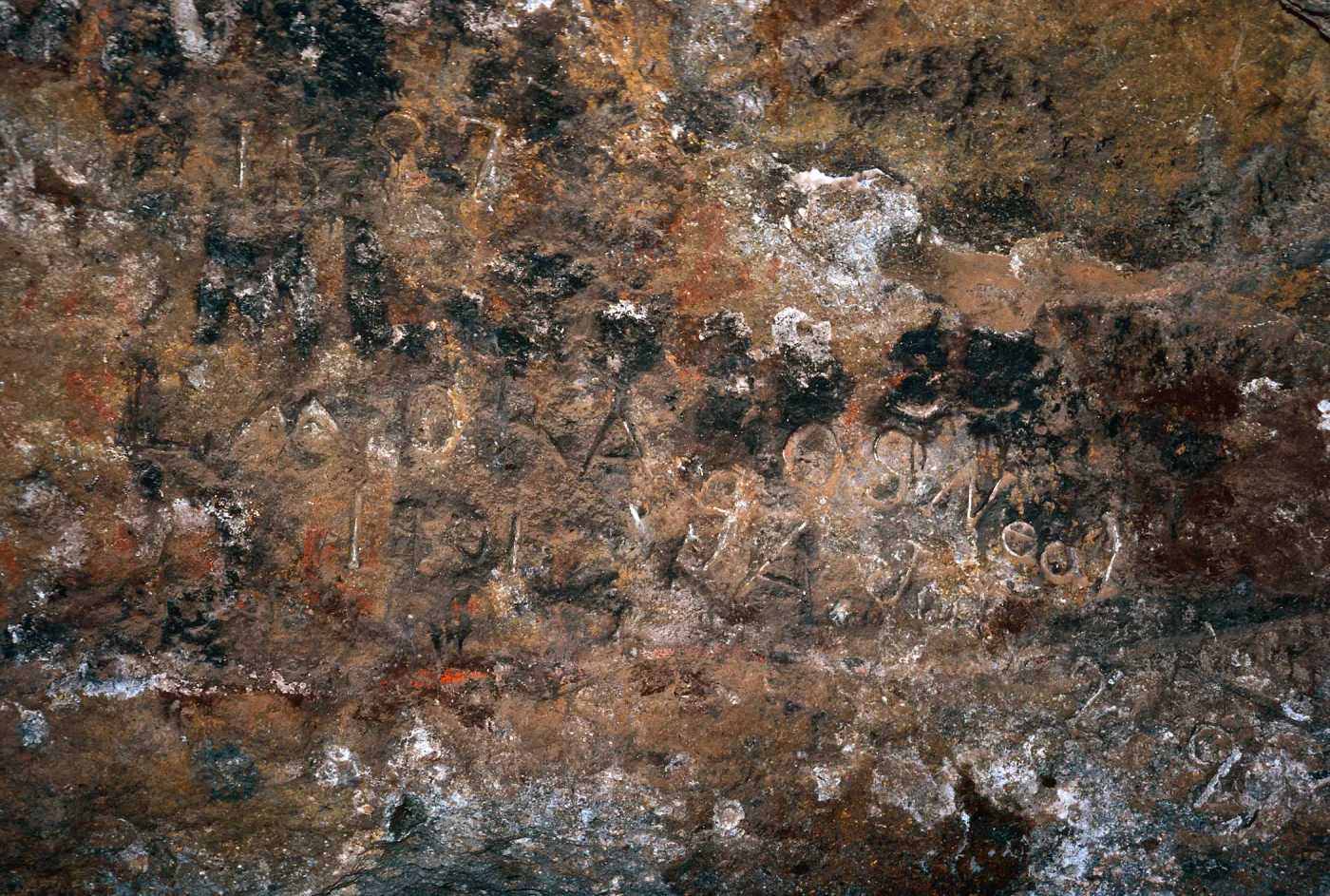Inscriptions, East entrance Cueva Valdez Santa, Cruz Island