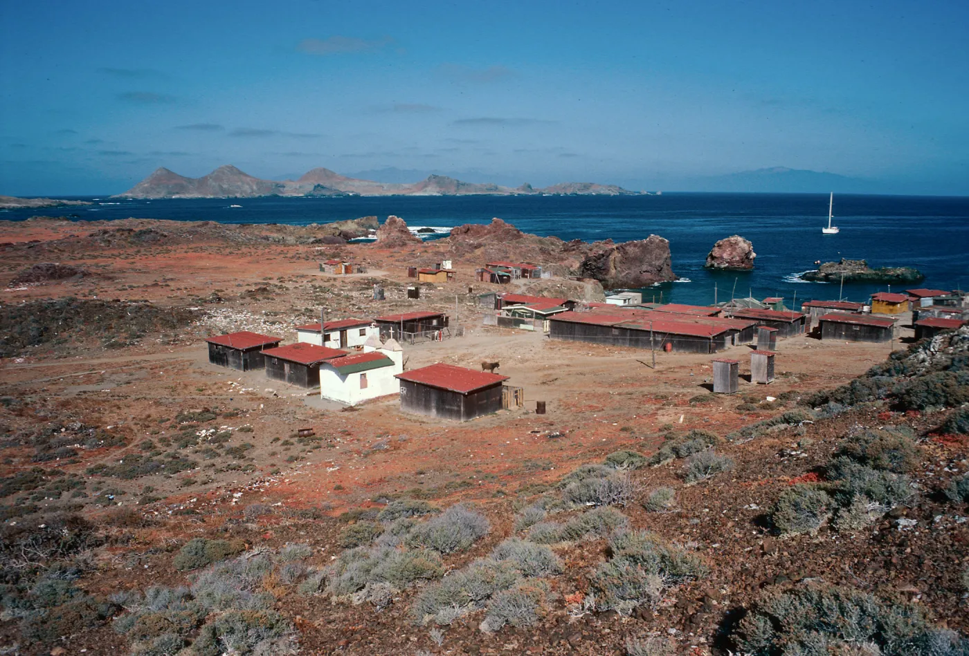 village on West island, looking toward East island, San Benito Island