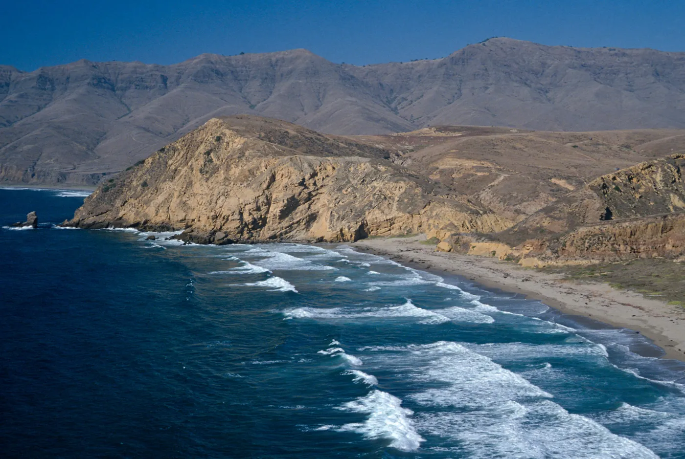 Sauces Beach from top of Kinton Point peninsula, Santa Cruz Island