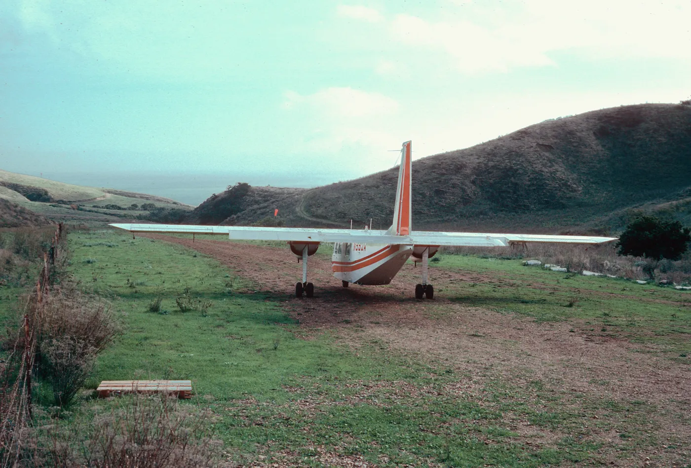 â€œIslanderâ€ taking off on ranch airstrip, Santa Cruz Island