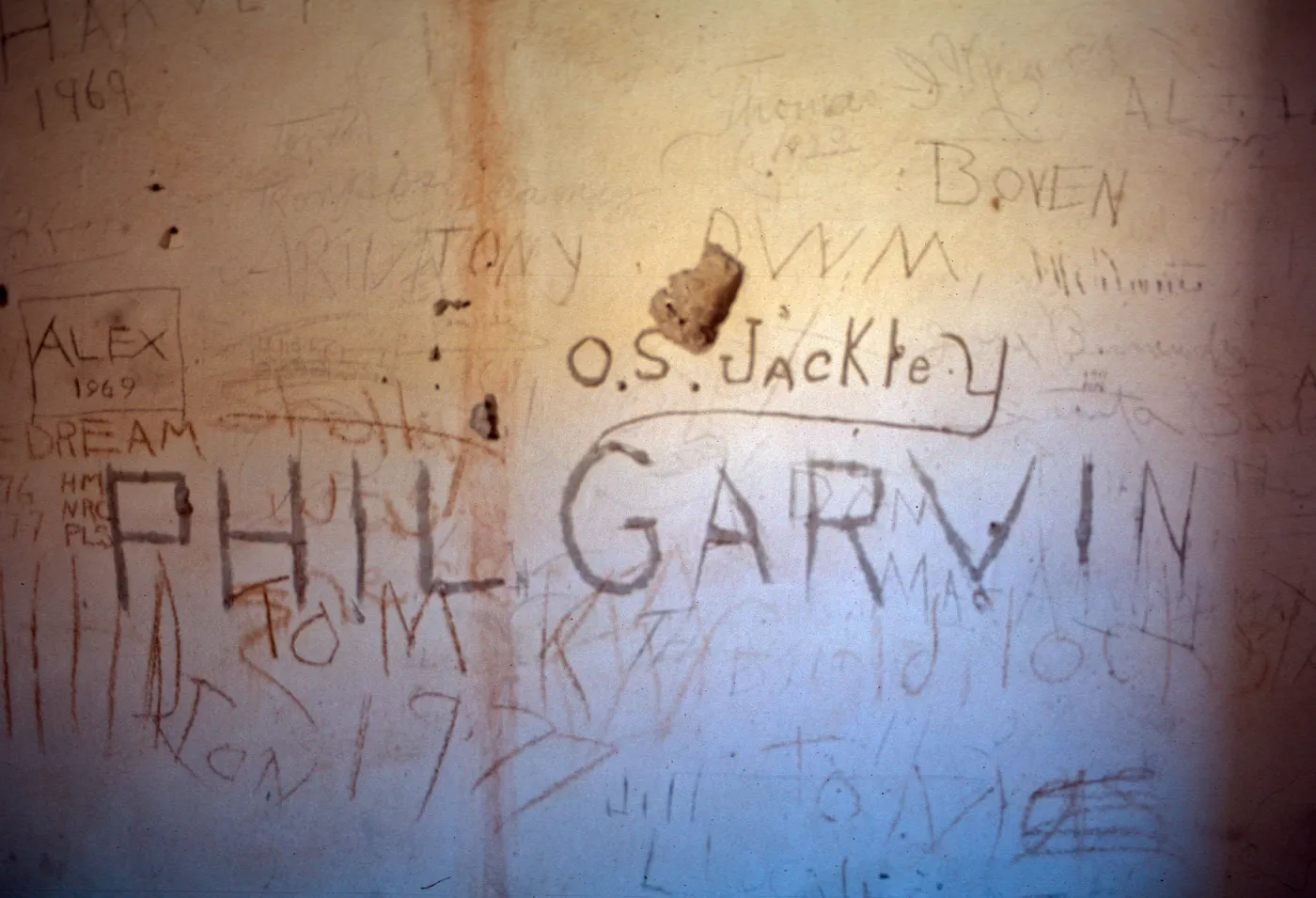 Graffiti at ranch, at Smugglers Cove, upstairs at East end, Santa Cruz Island